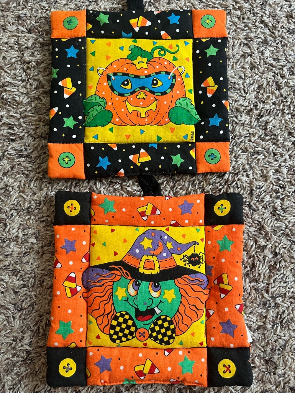 Halloween 90's Pumpkin and Witch Pot Holders by B&D, set of 2 - nostalgic, VTG